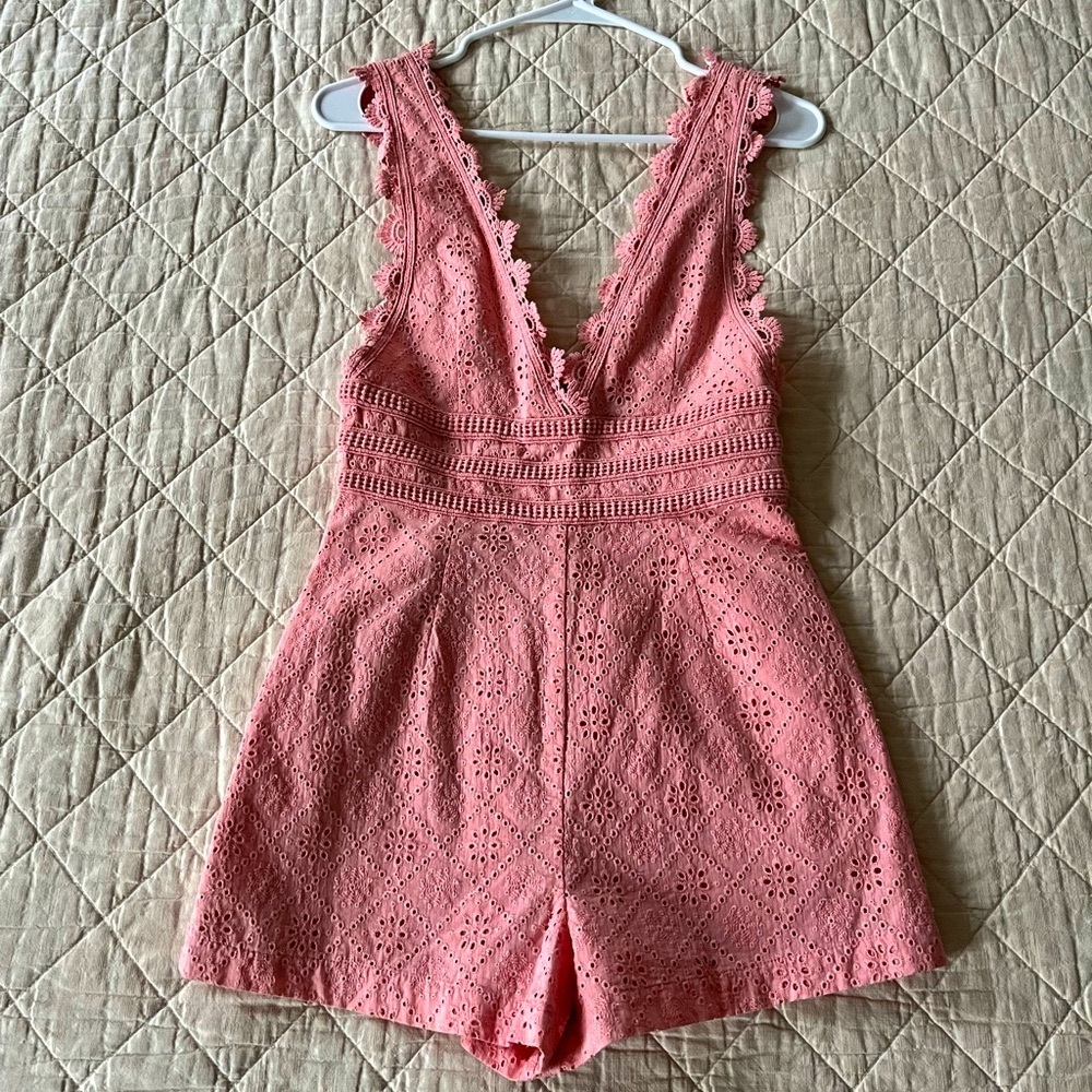 Pink Lace Crochet Trim Deep V Playsuit Mini Romper